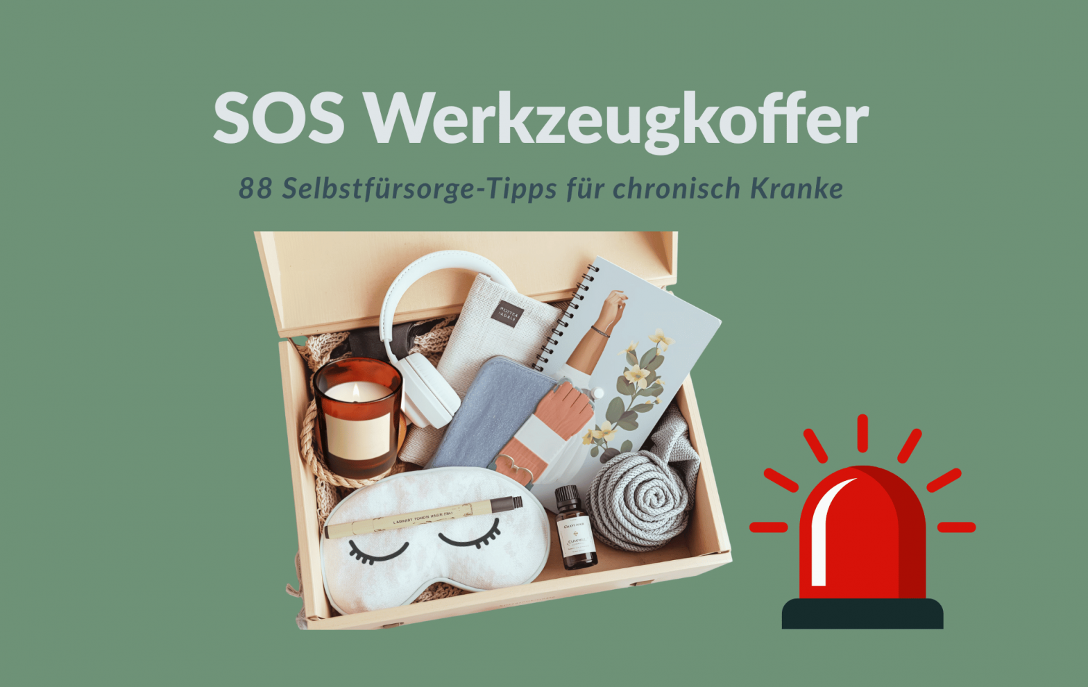 Das Bild zeigt einen hellen Werkzeugkoffer, der gefüllt ist mit Dingen wie einer Schlafmaske, Noise-Cancelling-Kopfhörer, Duftöl und einem Notizbuch. Dieser Werkzeugkoffer soll metaphorisch Tipps darstellen, die zur Selbstfürsorge bei chronischen Erkrankungen wie Long Covid und ME/CFS, beitragen.