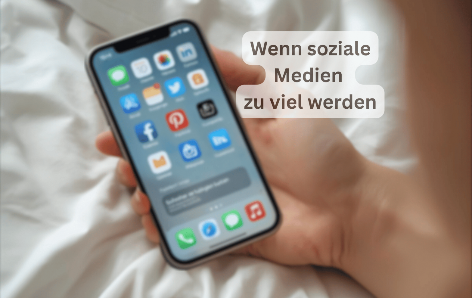 Eine Frau hält kraftlos ein Smartphone in der rechten Hand, auf dessen Bildschirm Nachrichteneingänge von Facebook, Instagram, Pinterest und WhatsApp angezeigt werden. Die Hand liegt müde auf einer weichen Decke, was ein Symbol für Überforderung durch soziale Medien bei Long Covid und ME/CFS darstellt.