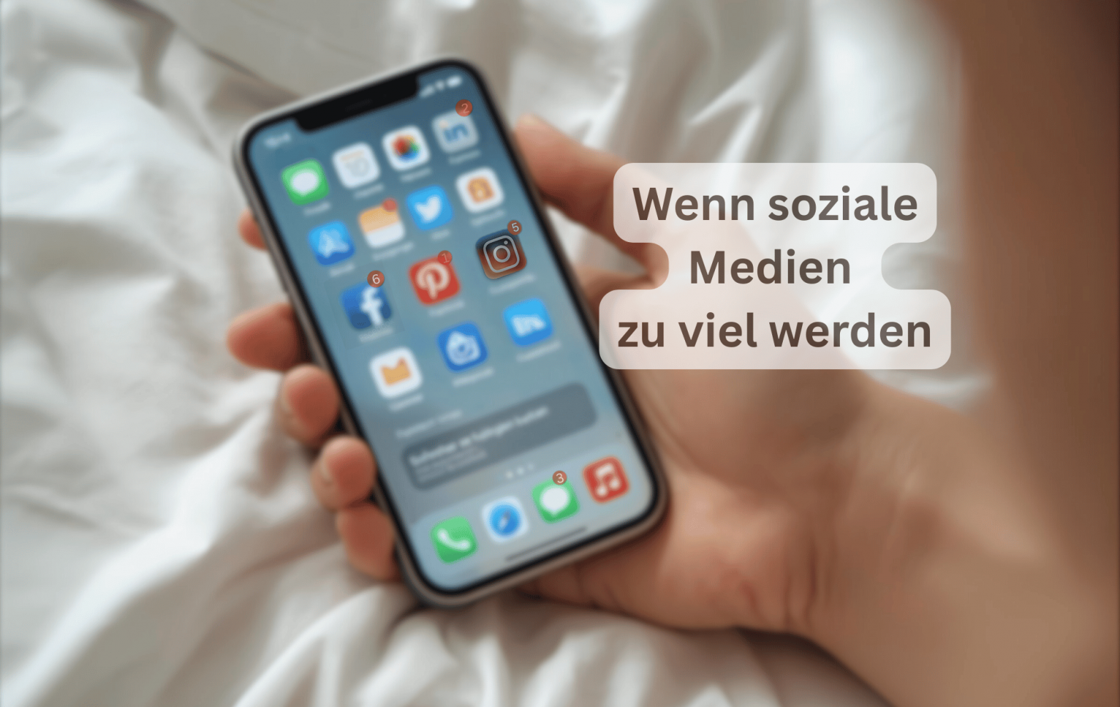 Eine Frau hält kraftlos ein Smartphone in der rechten Hand, auf dessen Bildschirm Benachrichtigungen von Facebook, Instagram, Threads und Pinterest angezeigt werden. Die Hand liegt müde auf einer weichen Decke – ein Symbol für Überforderung durch soziale Medien bei Long Covid und ME/CFS.